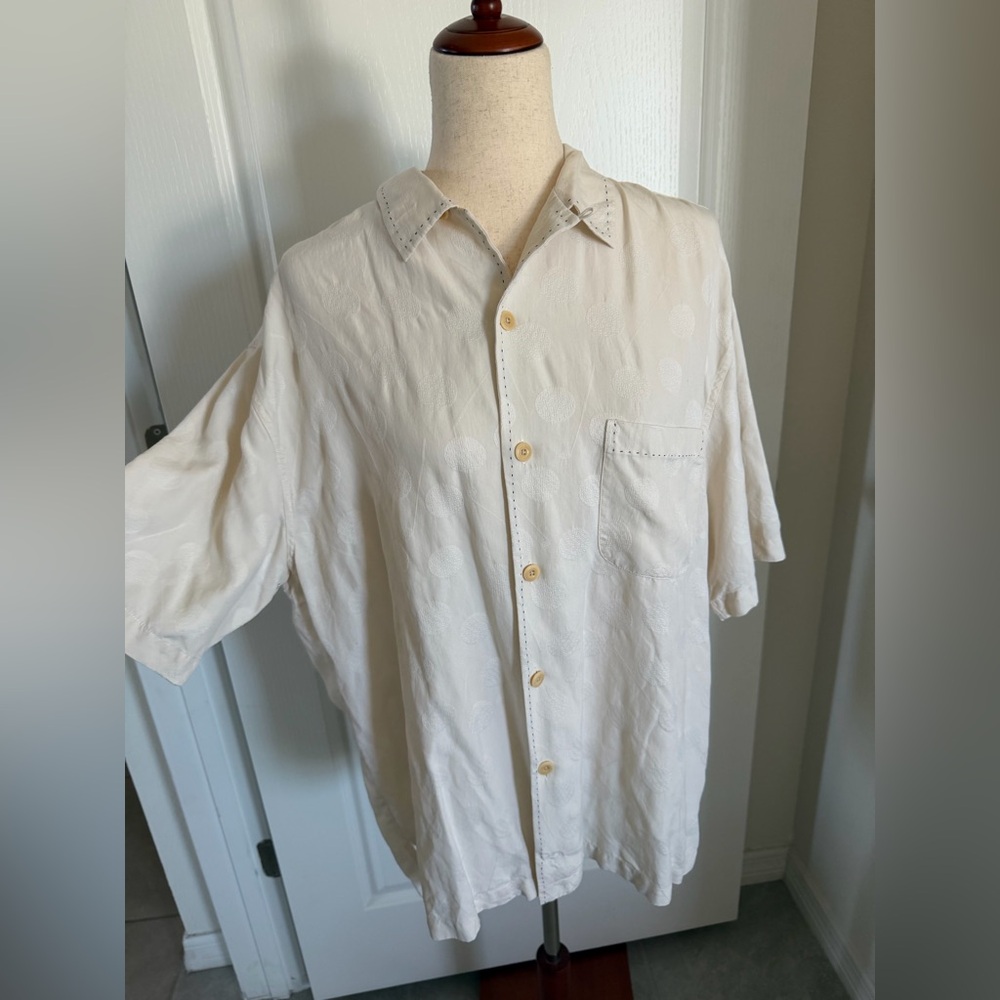 NAT NAST Large 100% Silk Golf Print Embroidered Button Down Cream White Shirt